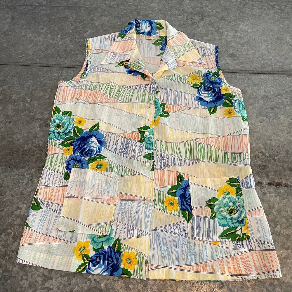 Vintage Aloha Floral Geometric Sleeveless Blouse Shirt Sz 38 M/L Retro 60s 70s